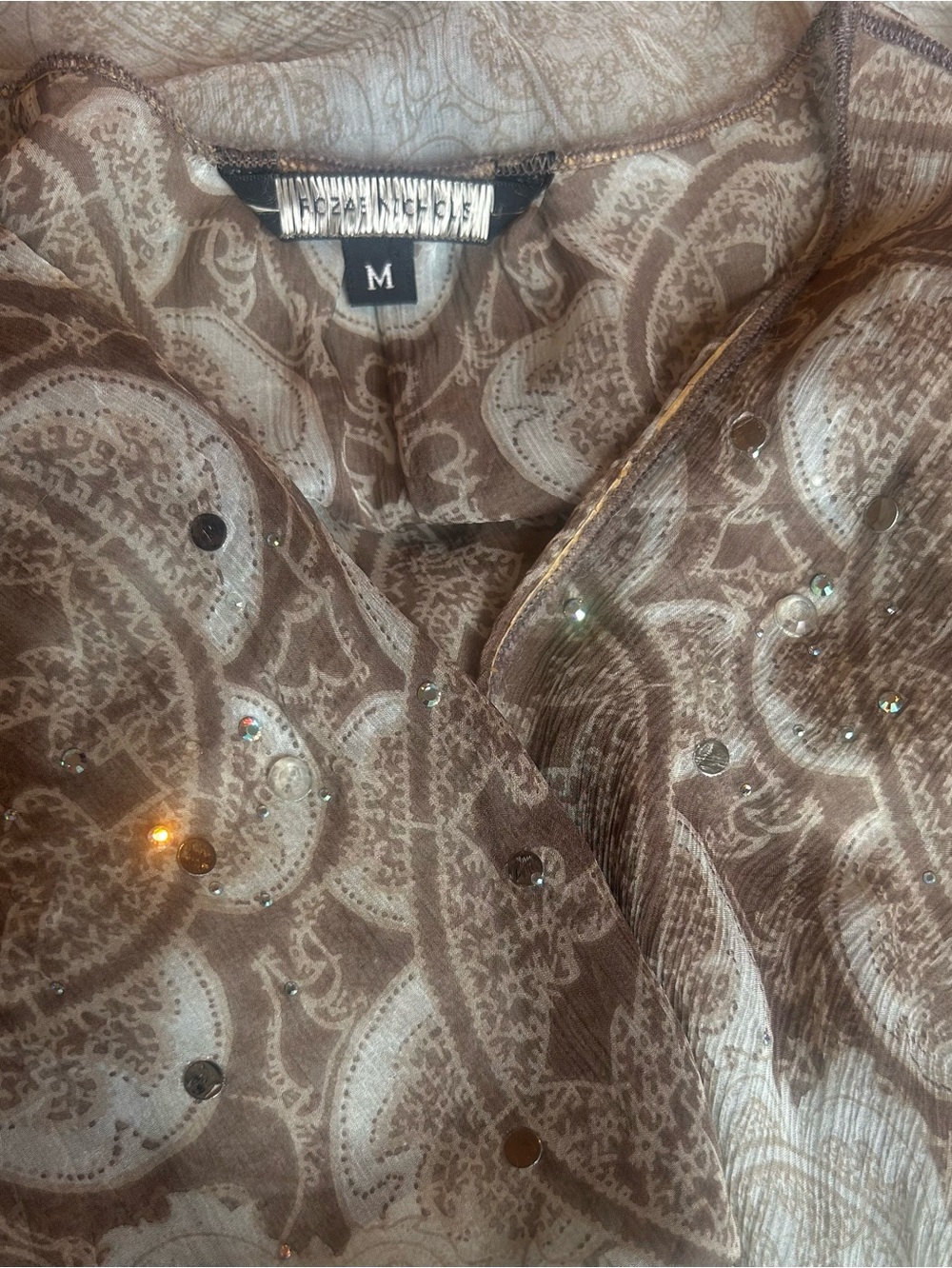 Rozae Nichols 100% Silk Sheer Rhinestone Crinkle Cardigan Jacket M - Picture 3 of 14